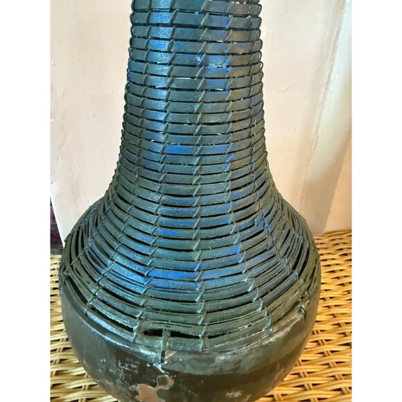 Vintage Art Pottery And Wicker Decor Vase Blue Weathered Rustic - Picture 2 of 12